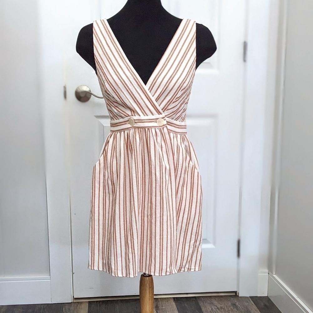 NWT Zara TRF Striped Wrap Mini Dress Cream & Rust Sz Medium